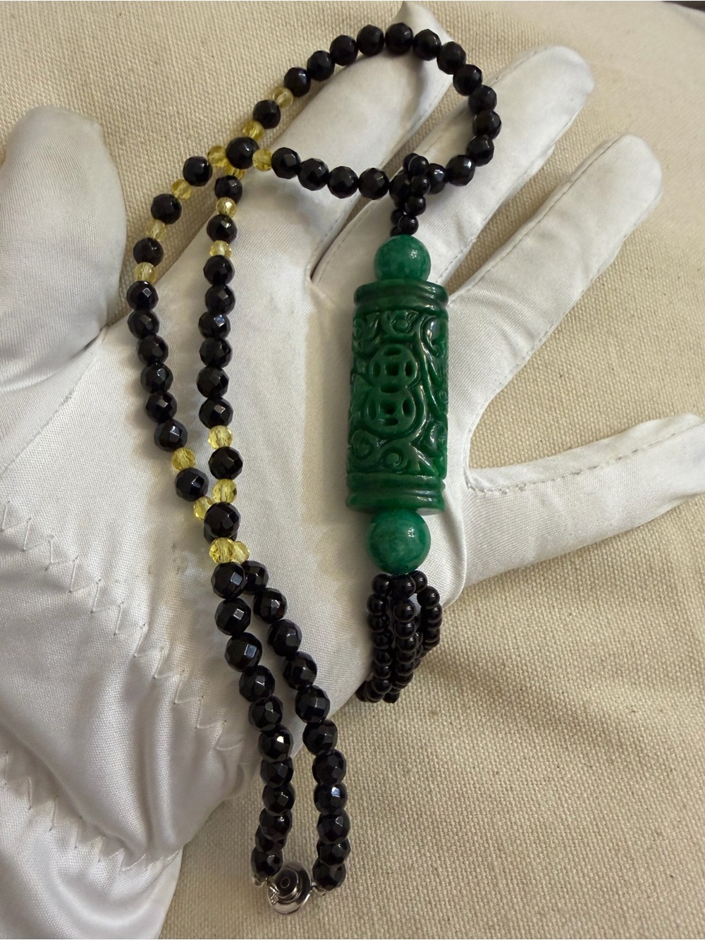 Vintage Chinese Carved Green Jade Column Pendant Necklace Black Beads Pat 2007